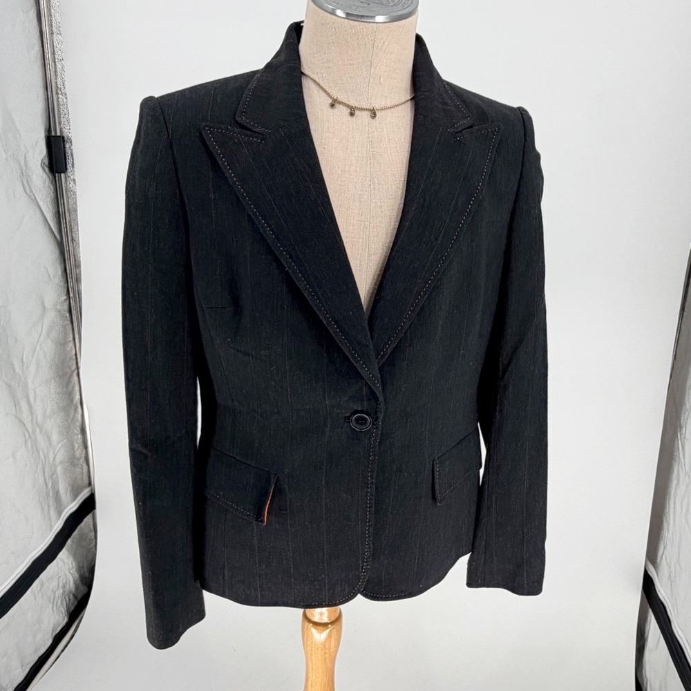 Anne Klein Blazer 14 Gray Pinstripe Single Button Contrast Stitch Notched Lapel - Picture 9 of 9